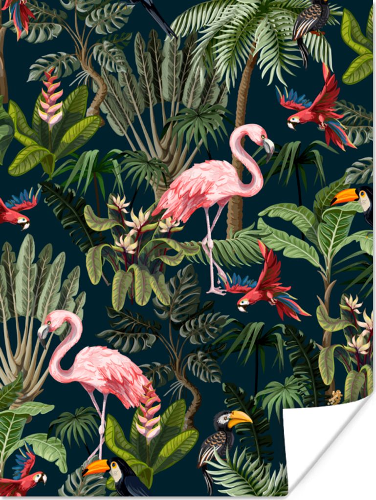 MuchoWow Poster Jungtiere - Muster - Kinder - Flamingo - Papagei - Kinder 120x160 cm - Wandbilder