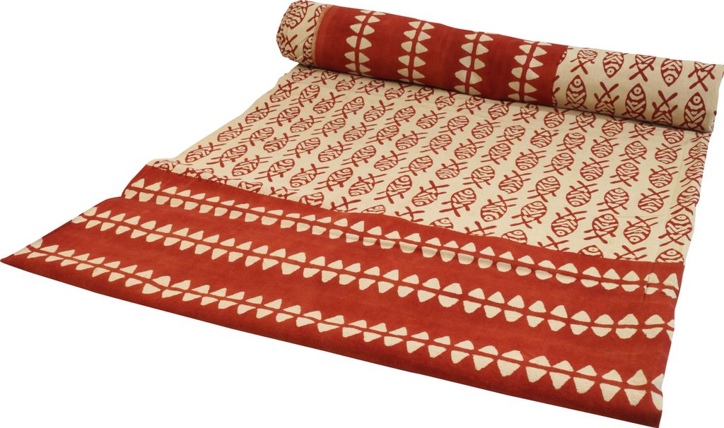 Blockdruck Tagesdecke, Bett & Sofaüberwurf, Handgearbeiteter Wandbehang, Wandtuch - Design 19, Rot, Baumwolle, Größe: Double 225*275 cm