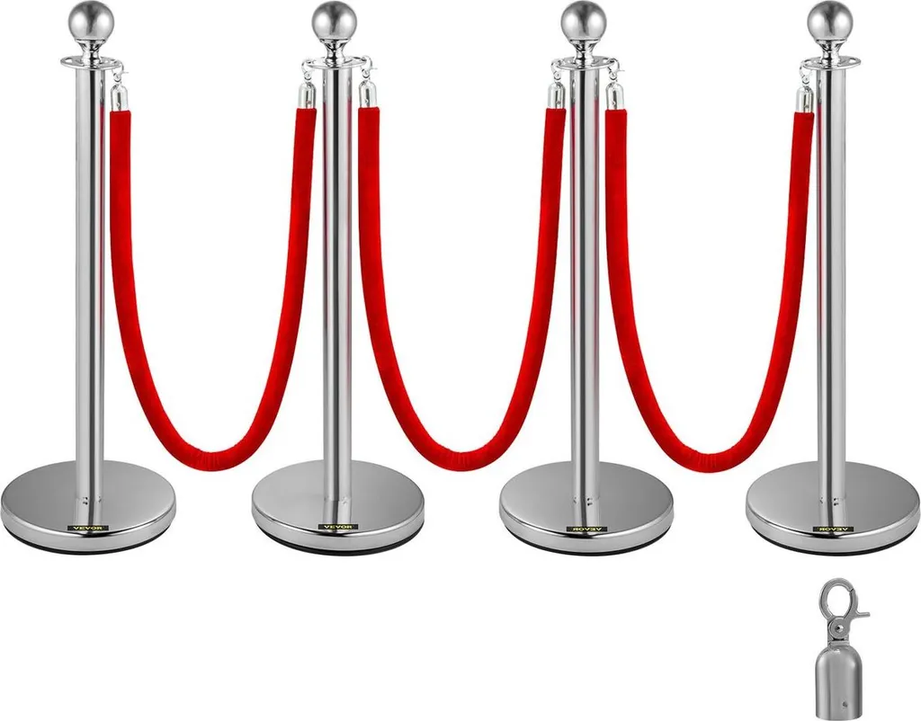 Potelets d'alignement design argent avec cordes velours rouge de 1.5m