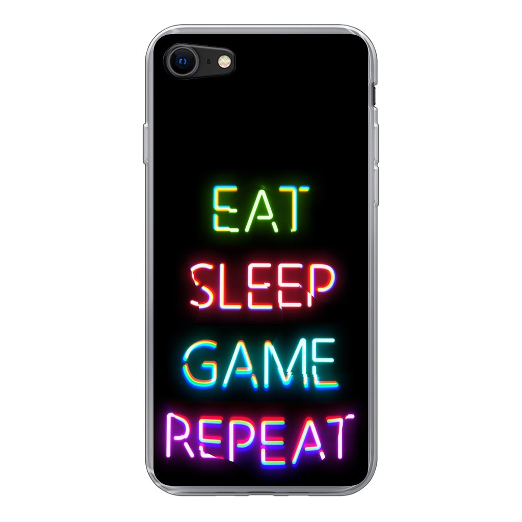 MuchoWow Handyhülle Schutzhülle Hülle für iPhone 8 Gaming - Led - Zitat - Eat sleep game repeat - Gaming Silikon Softcase Handy Hülle - Schu...