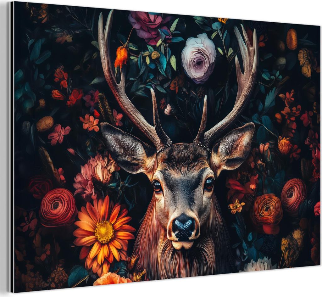 MuchoWow Wanddekoration Metall Metallbild Wandkunst 30x20 cm Hirsch - Tierporträt - Blumen - Natur - Hirschkopf MuchoWow Aluminium Gemälde - Alum...