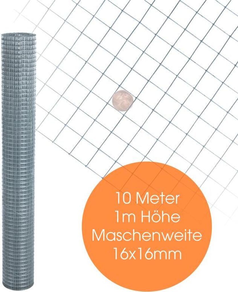 Volierendraht 4-Eck Maschendraht 1,0 x 10m 16x16 mm Gartenzaun Zaun verzinkt