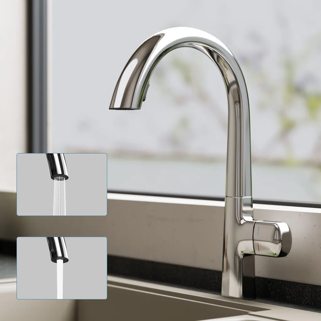 doporro Miscelatore Cucina con Doccia Estraibile, Rubinetto Monocomando in Ottone Silber con Cartuccia in Ceramica, 2 Modalitš€ di Getto, Rotazione 360¡ã, MS-8095
