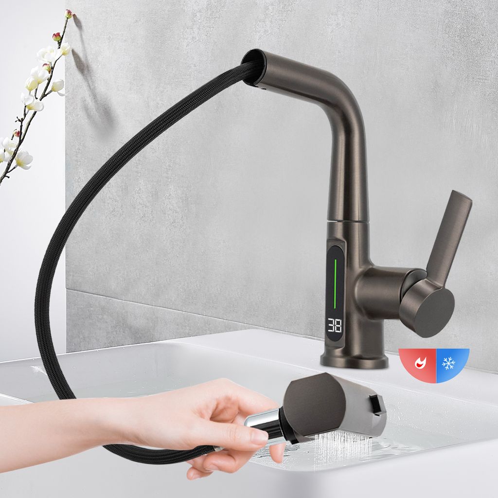 Wasserhahn ausziehbar Einhebel Messing Küchenarmatur Badarmatur Grau