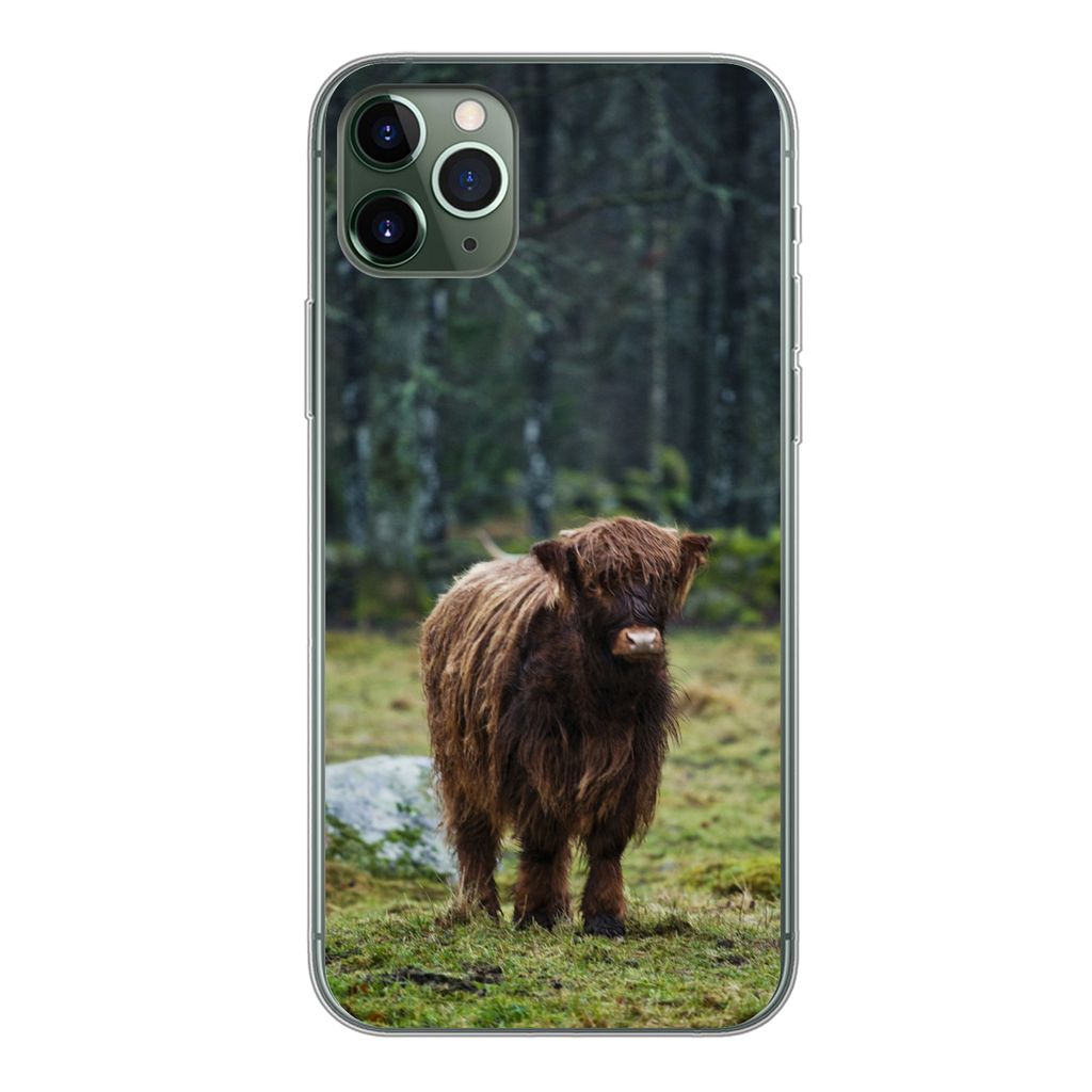 MuchoWow Handyhülle Schutzhülle Hülle für iPhone 11 Pro Max Schottischer Hochländer - Wald - Moos Silikon Softcase Handy Hülle - Schutz