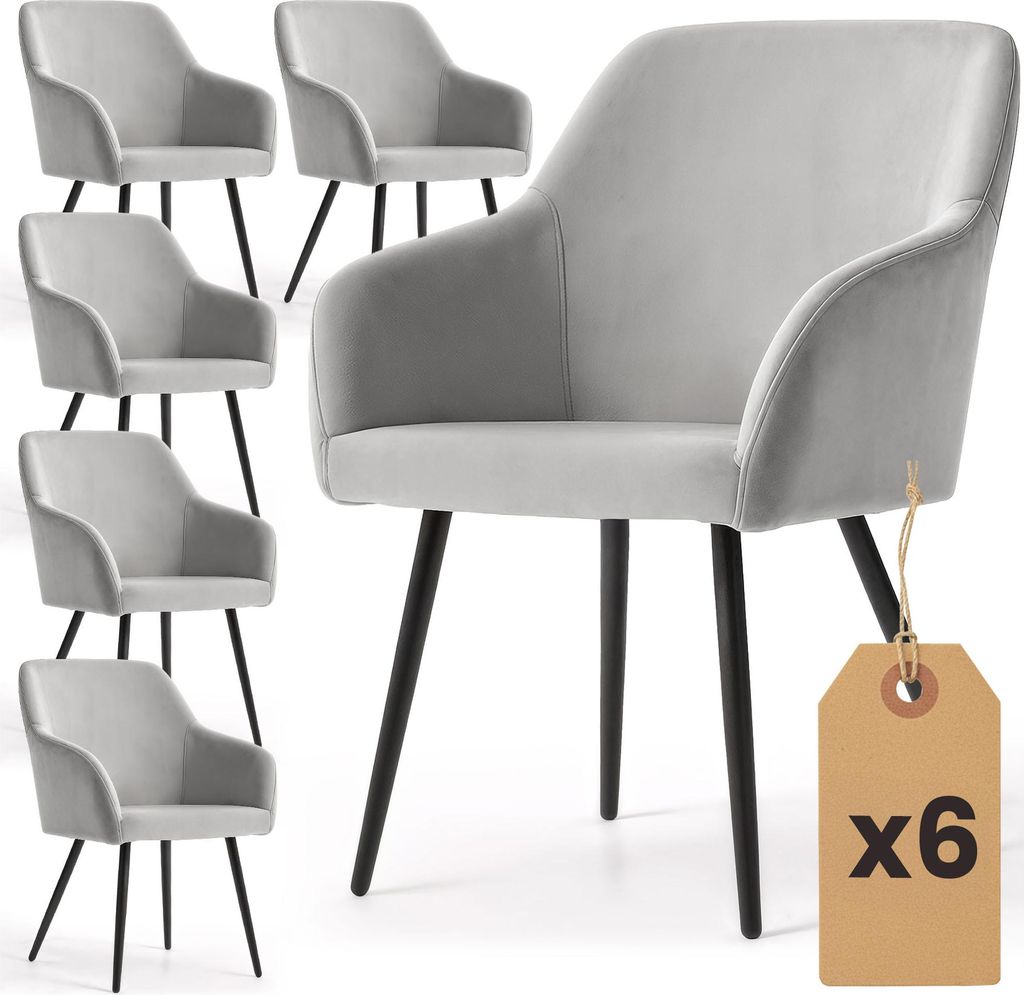 6er Set Glatte Velours Esszimmerstühle ESTELLE Grau mit schwarzen Beinen