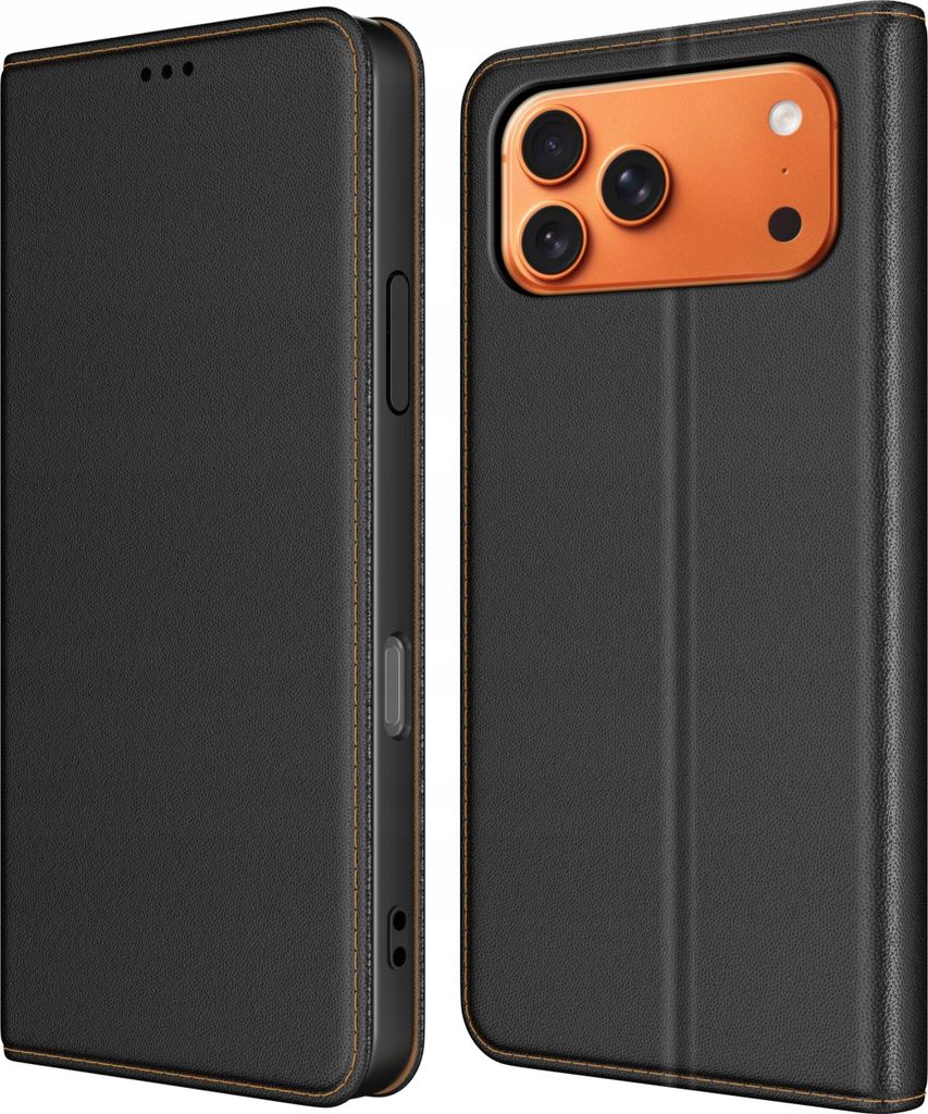 iPhone 17 Pro Etui aus schwarzem Leder mit Magnetverschluss + 9H-Glas