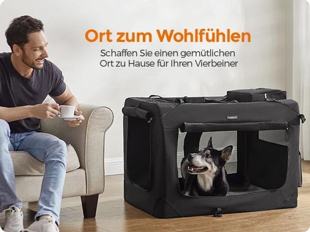 Hundebox - Weiche Transportbox - Faltbar - Metallrahmen - 600D Oxford mit PVC - Atmungsaktives Netz - XS - Schwarz