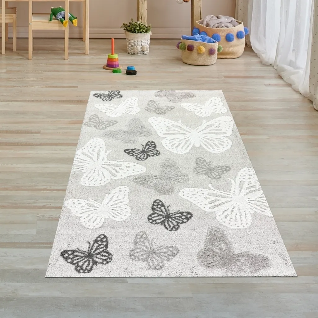 Tapis chambre enfant motif papillon 3D crème moelleux - 80 x 150 cm