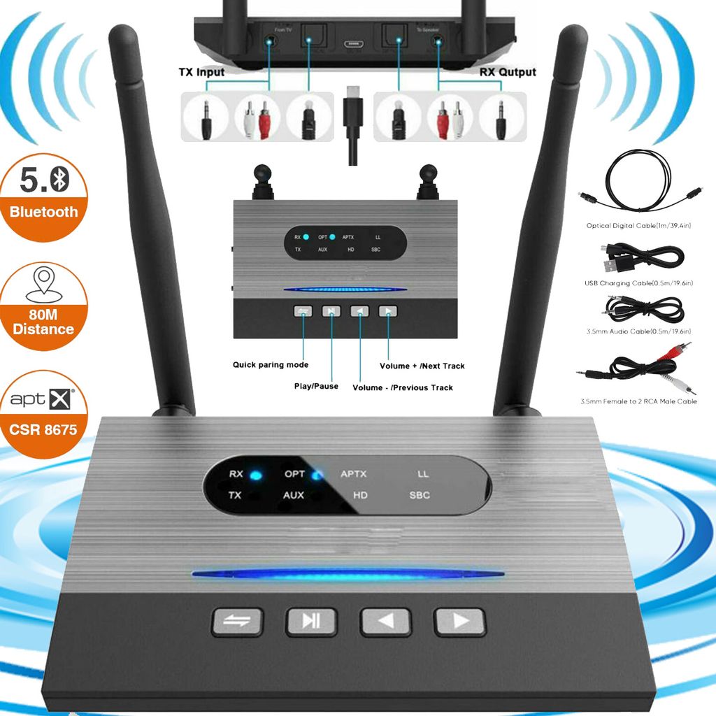 Transmitter und Empfänger 2-in-1 Bluetooth 5.0 kabellos Audio-Empfänger Toslink aptX mit niedriger Latenz, RCA-Adapter 3,5 mm Audio-Adapter optische Verbindung