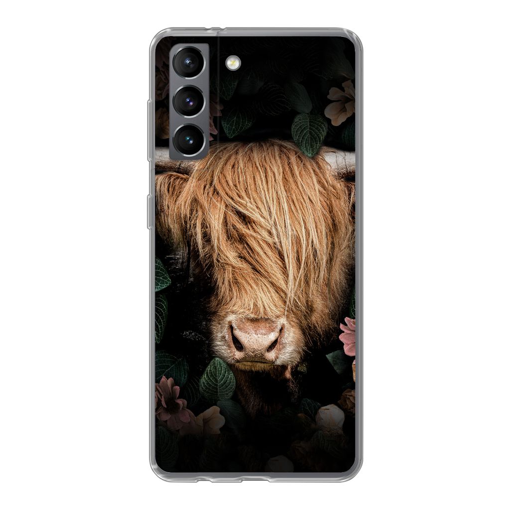 MuchoWow Handyhülle Schutzhülle Hülle für Samsung Galaxy S21 Schottischer Highlander - Kuh - Blätter Silikon Softcase Handy Hülle - Softcase