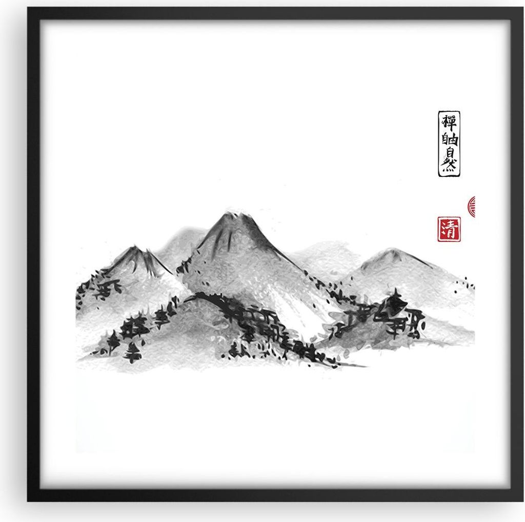 Gerahmtes Poster - Schwarzer Rahmen - Zeichnen Asien Berge - 50x50 cm - Wand Bild - Wanddeko - Wandbilder - Kunstposter - Wandposter - Bilderrahmen...
