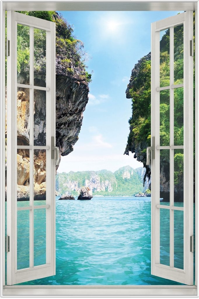 Wallario Wandbild mit Fenster-Illusion: Felsenschlucht am Meer in Thailand, Größe: 61 x 91,5 cm, Poster mit weißem Aluminiumrahmen