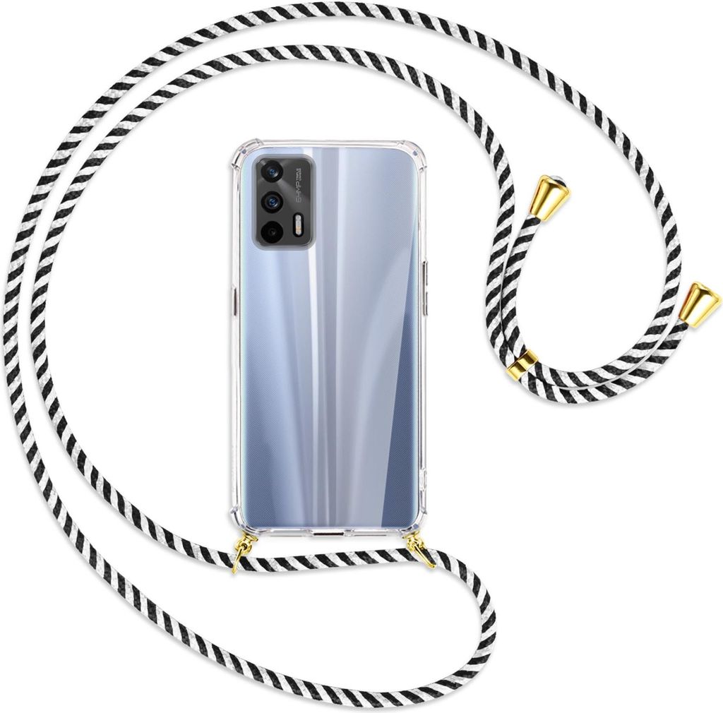 Handykette Backcover-Schutzhülle mit Band (Metall goldfarben) für Realme GT 5G (RMX2202) - schwarz/weiß gestreift