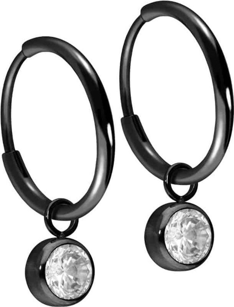 Titan Ohrclicker Creolen RUNDER KRISTALL Schwarz Innendurchmesser: 12mm | Designstärke: 1,2mm | Kristallgröße: 6mm