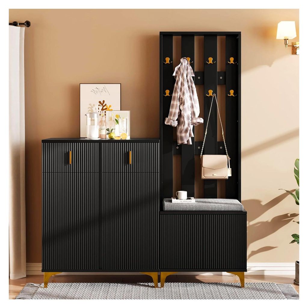 Flurgarderobe Garderobenset mit Schuhbank und Kissen – Garderobe mit Haken, Garderobenpaneel und Schuhschrank mit Schubladen und Türen, Stauraum...