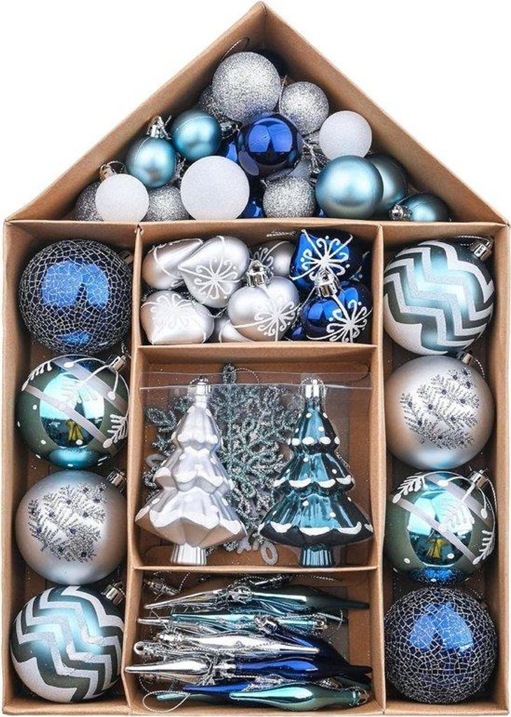 Kerstballen Set aus Zellpapier, 70 Stück, Winter-Thema, Silber und Weiß, für den Weihnachtsbaum, Dekoration, Sterne, Geschenkverpackung.