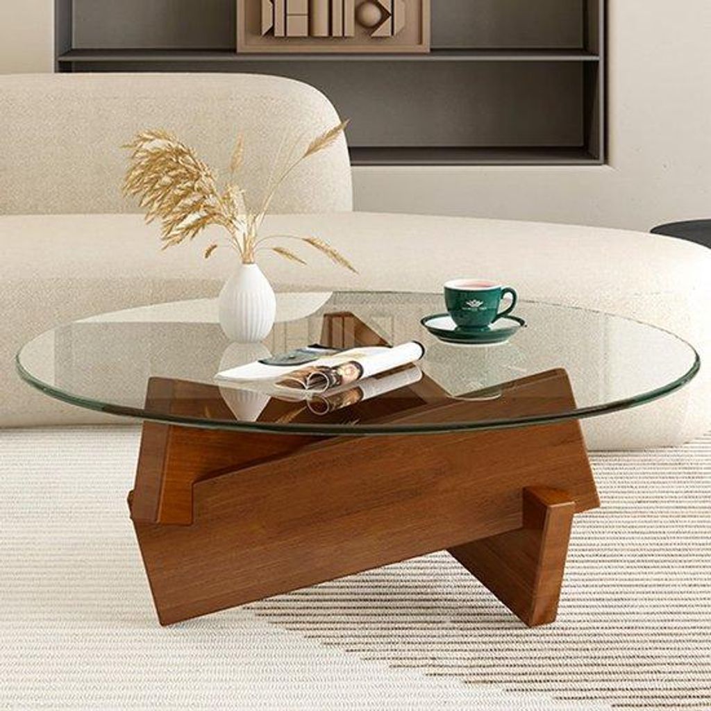 Moderne ronde Salontafel aus Holz mit Glasplatte und Wohnzimmerausführung