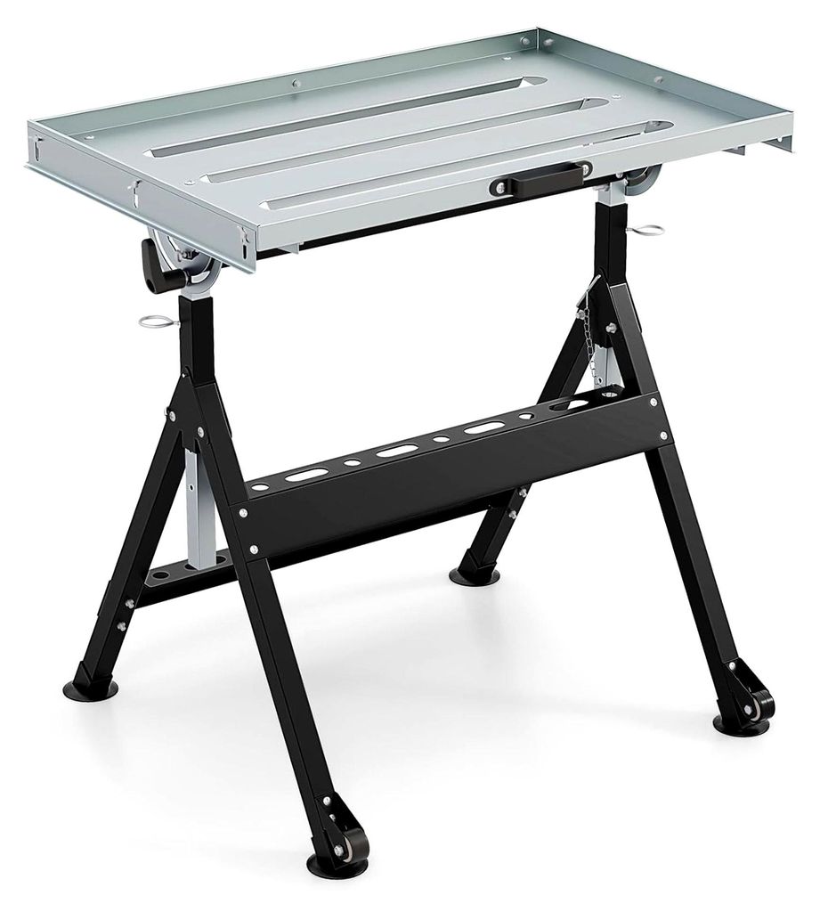Klappbarer Schweißtisch mit Rädern und 3 Schlitzen, bis 180 kg belastbar, Werkbank aus Stahl, höhenverstellbarer Werkstisch mit 4 Höhenstufen u...