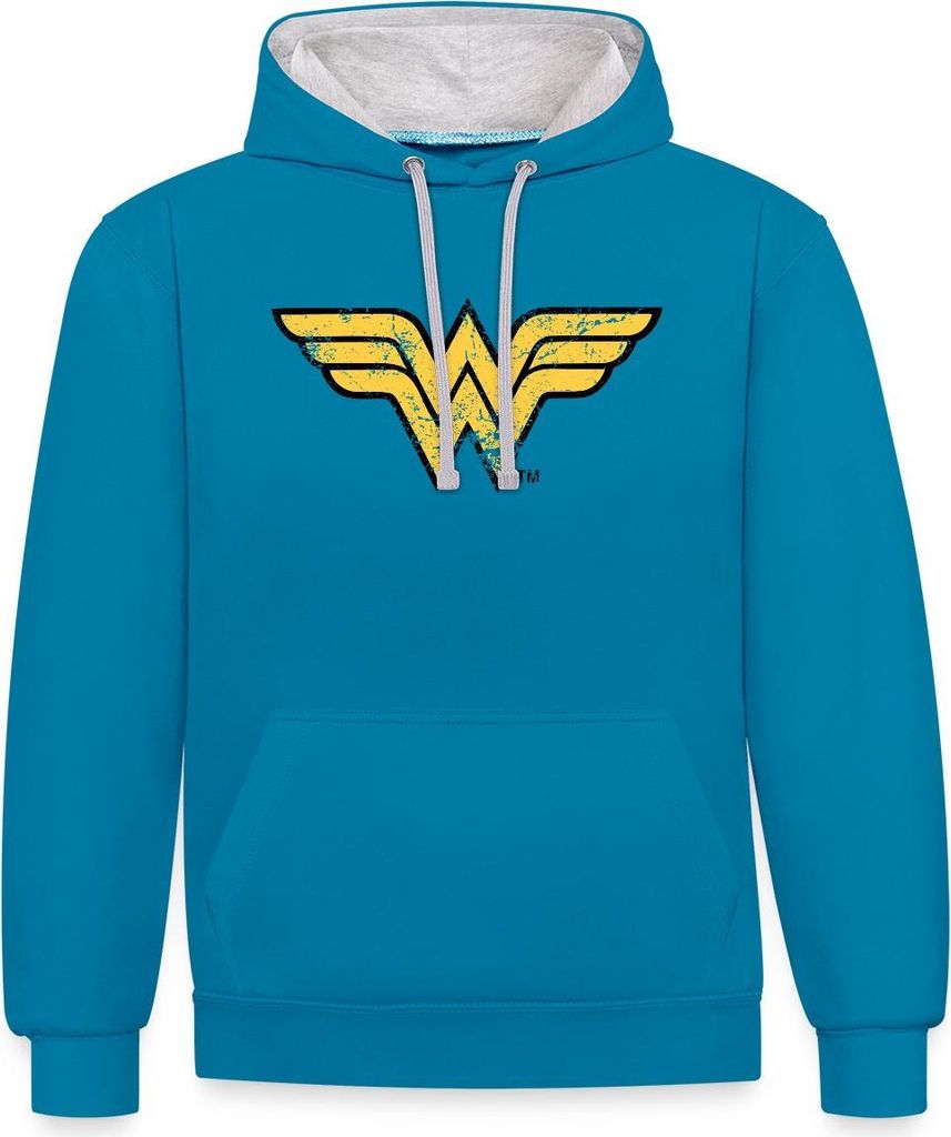 Spreadshirt DC Comics Justice League Wonder Woman Uni Kontrast Hoodie, L, Pfauenblau/Grau meliert