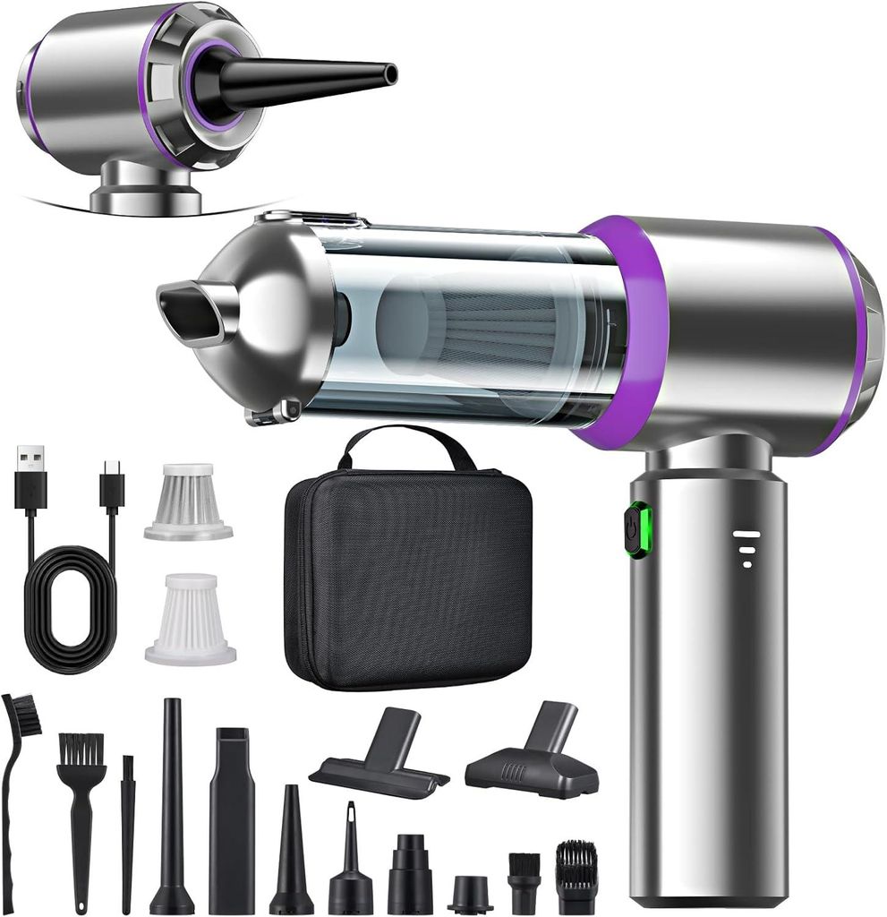 Handstaubsauger Akku 4-in-1, 25000PA Mini Autostaubsauger Kabellos, 3-Gang, Tragbar, Stark, für Auto, Küche, Büro, PC, Sofa & Tierhaare