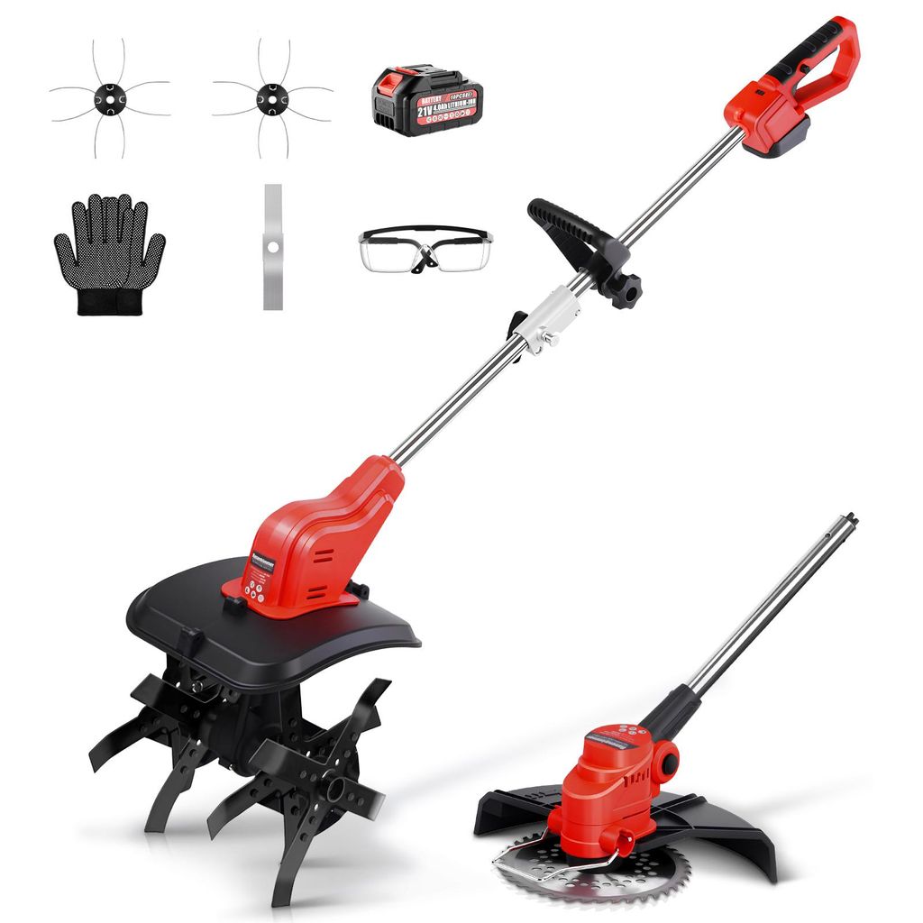 2-IN-1 Elektrische Gartenfräse mit Li-Ion Akku 21V, Akku Bodenhacke & Rasentrimmer Set, 25 cm Arbeitsbreite, Elektro Motorhacke Kultivator