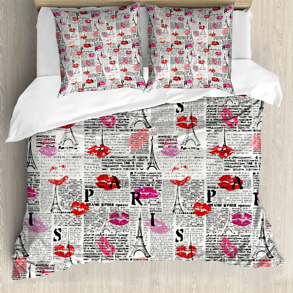 ABAKUHAUS Paris Bettbezug, Zeitung Lippenstift-Kuss, Milbensicher Allergiker geeignet mit Kissenbezügen, 200 cm x 200 cm - 80 x 80 cm, Koksgraue M...