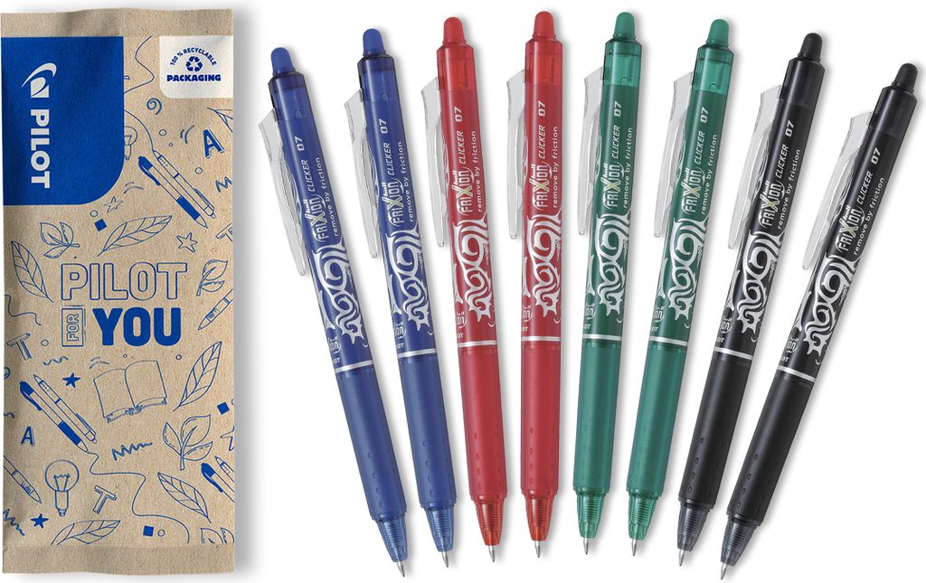 PILOT FriXion Clicker 0.7 Tintenroller - 8er Set, Farbe Schwarz, Blau, Rot, Grün