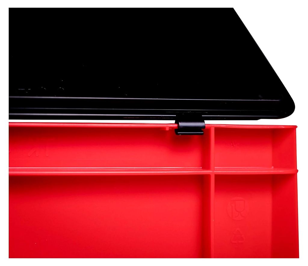 Stapelbox/Lagerbehälter rot mit schwarzem Deckel, 600x400x320 mm (LxBxH)