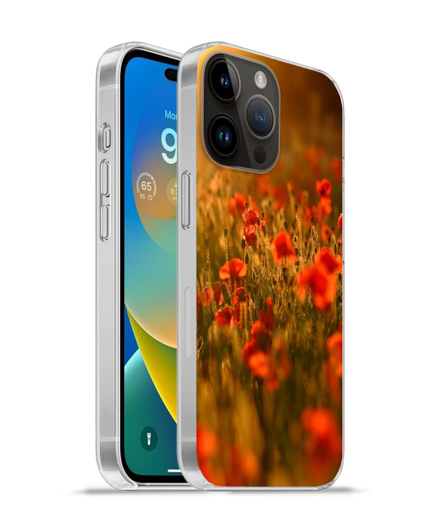 MuchoWow Handyhülle Schutzhülle Hülle für Apple iPhone 14 Pro - Softcase Orangefarbenes Leuchten über den Mohnblumen auf dem Feld Silikon So...
