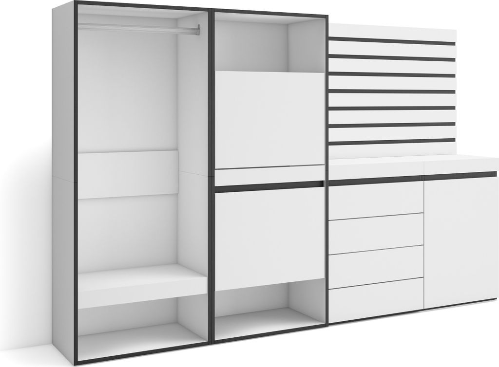 Schuhregal, Schuhschrank, 227x35x145 cm, Für Schlafzimmer, Offener Kleiderschrank, Kommode mit Schubladen, Lamellenwand Holz, Weiß