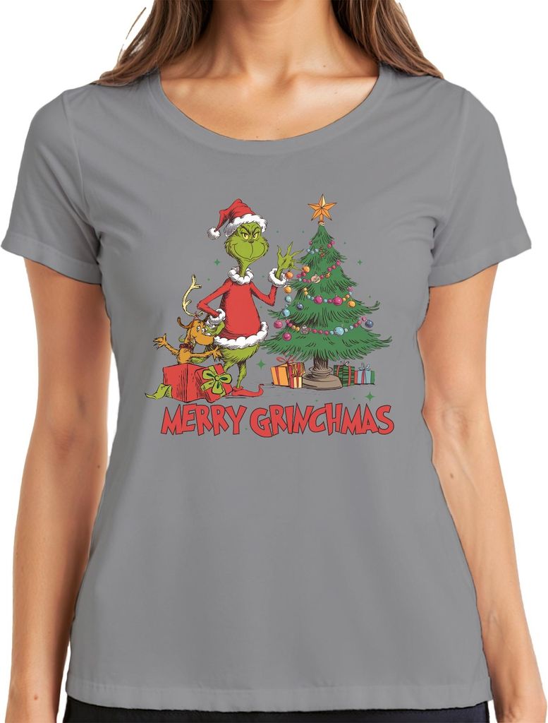 Merry Grinchmas Grinch Weihnachtsbaum Geschenke Weihnachten Damen T-Shirt, Grau, XXL