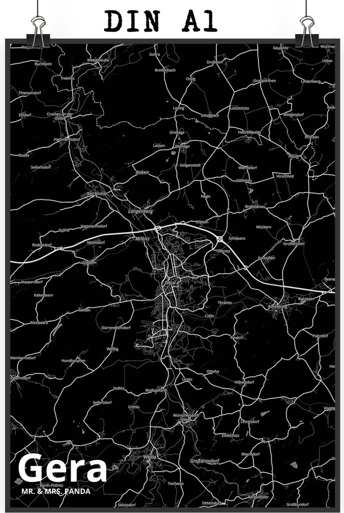 Mr. & Mrs. Panda Bild Gera DIN A1 - Geschenk, Plakat, Stadt, wanddeko, Wandbild, kunstdruck poster, drucke, Dorf Karte Landkarte Map Stadtplan