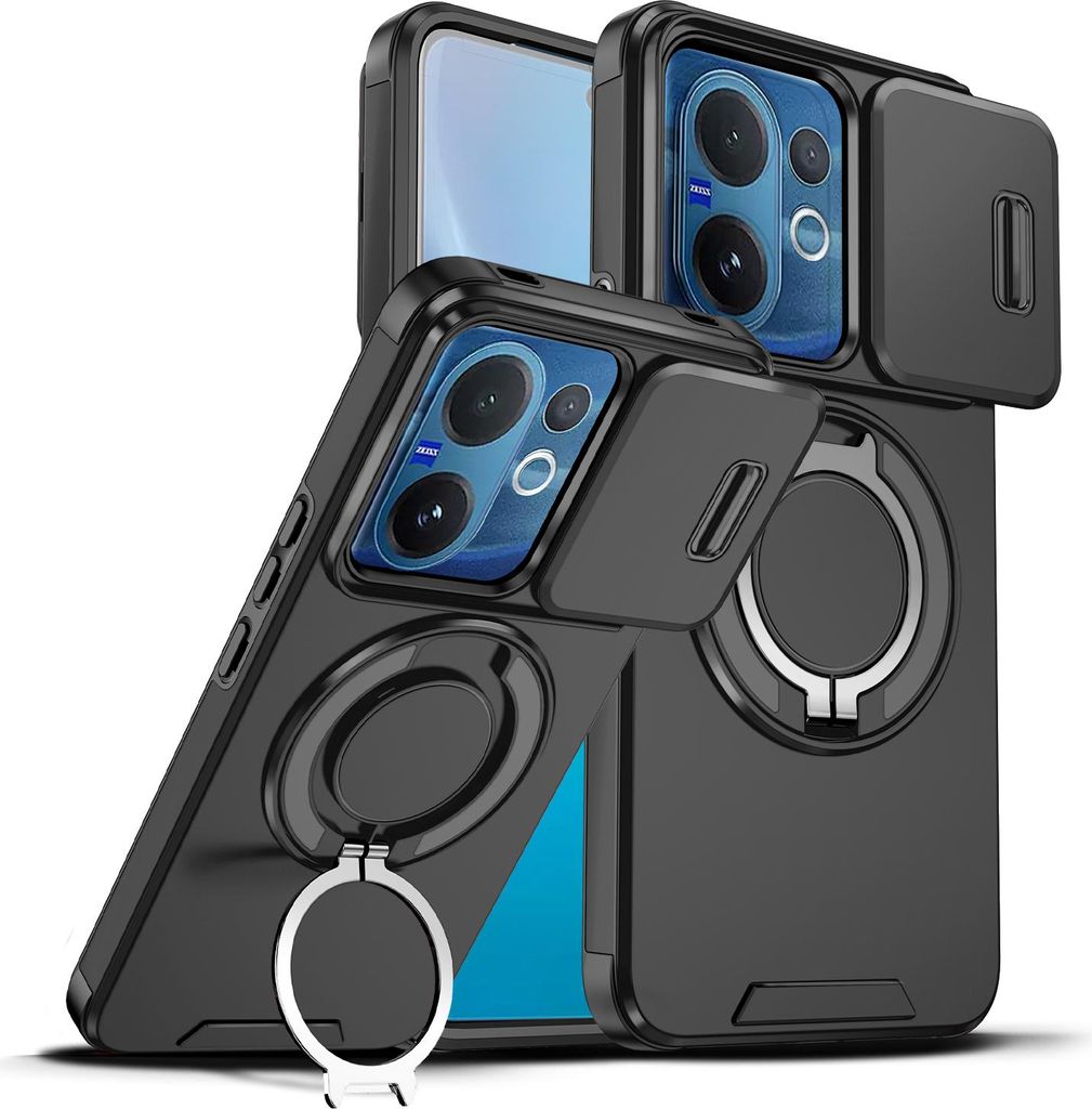 Handyhülle für Vivo V60 Dual-Layer Stoßfest Militär Hülle mit Dia Kameraschutz und Magnetisch Ring Ständer Schwarz