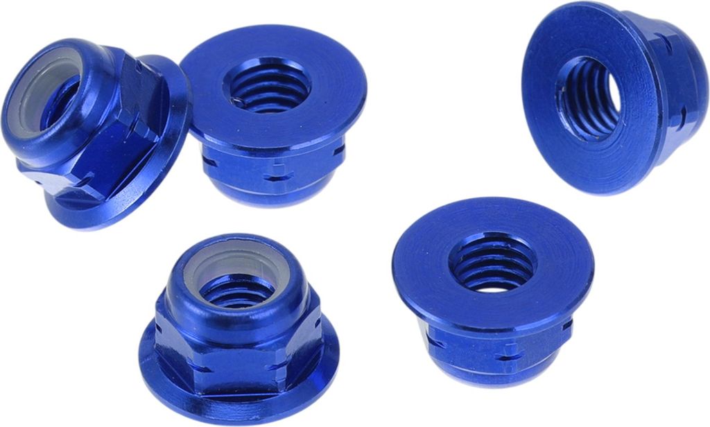 5 Stück M5*0,8 Auto-Flanschmuttern aus Aluminiumlegierung Flachsechskant Rückwärtsgewinde-Sperrflanschmuttern Rutschfeste Sperrflanschblau 6mm/0...