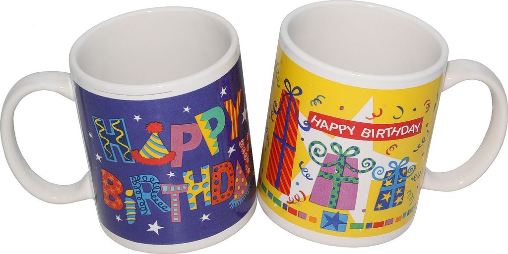 Tassen Kaffeebecher Becher 2 Stück »HAPPY BIRTHDAY« Cafe Kaffee Geschenk-Box Blau-Gelb
