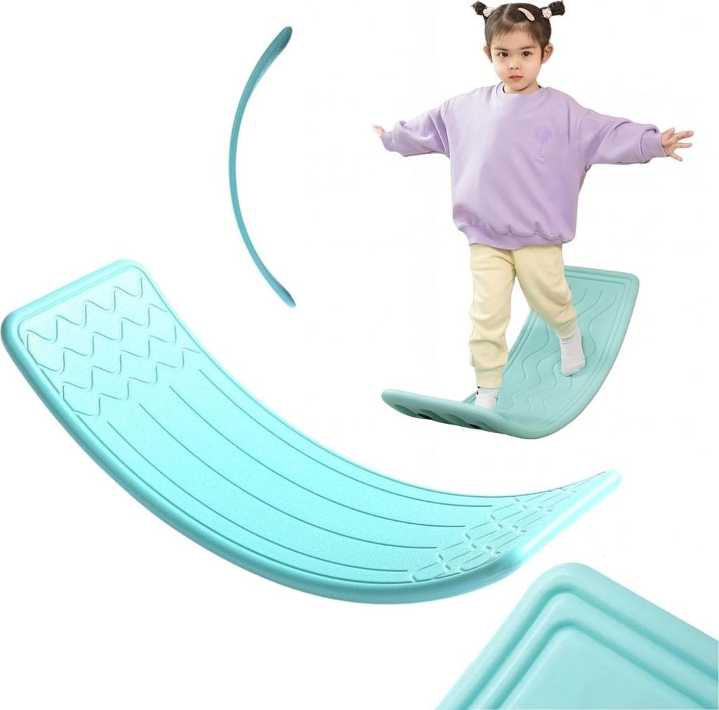 A young child is balancing on a turquoise wobble board.