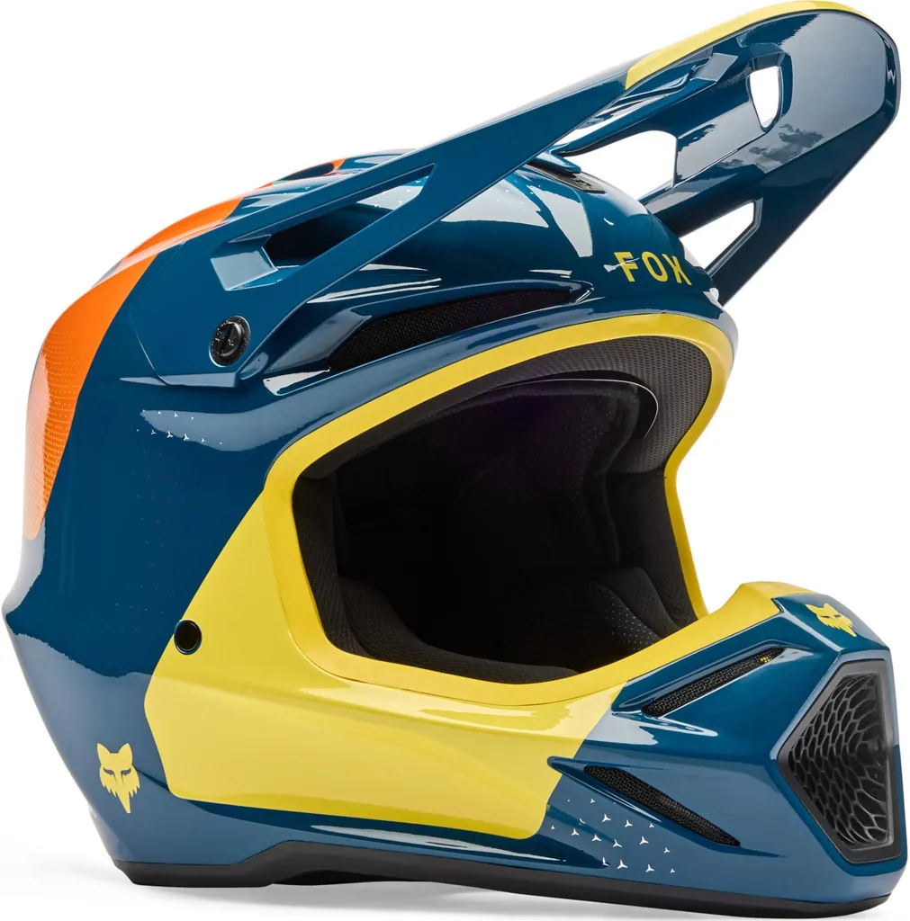 Casque de Cross FOX V3 Tine Adulte Bleu Jaune XL Équipement de Protection