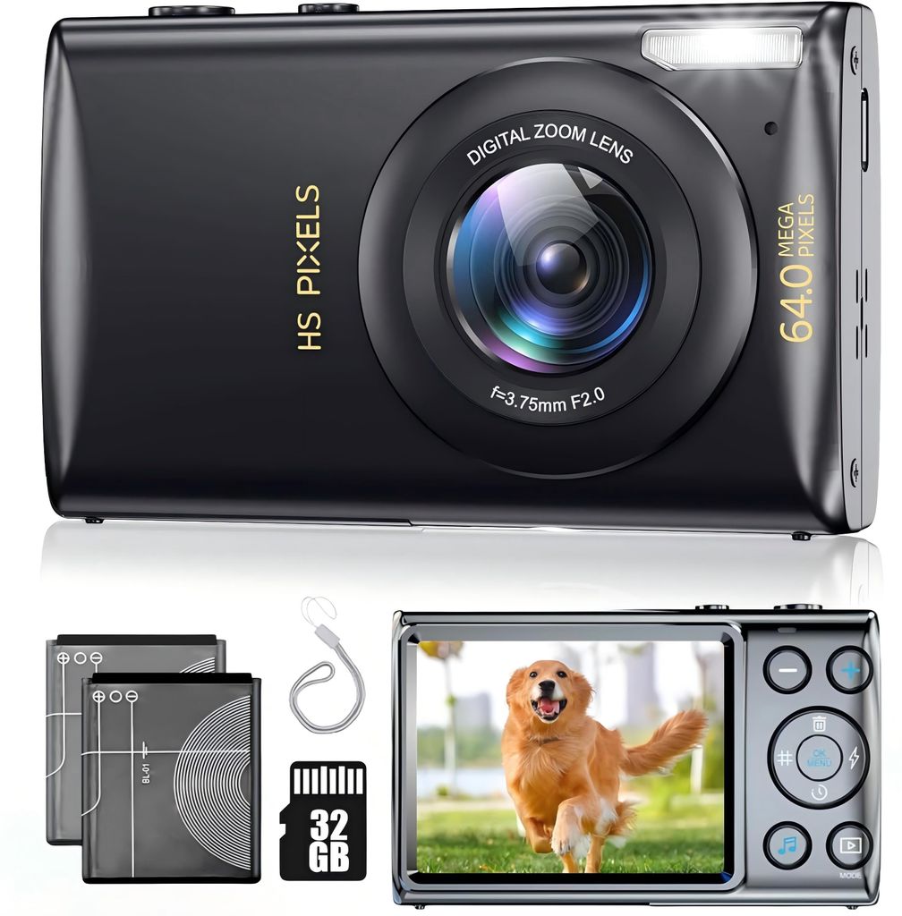 4K Digitalkamera mit 32GB Speicherkarte, 64MP kompakte Digitalkamera, 18X Digital Zoom, Kompaktkamera für Anfänger, Vlog-Kamera, Schwarz