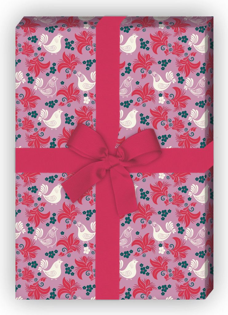 Folklore Geschenkpapier mit Hühnern, rosa rot zum Einpacken - G11486, 32 x 48cm
