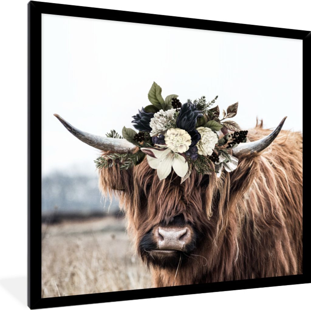 MuchoWow MuchoWow Gerahmtes Poster Schottisches Hochlandrind - Blätter 40x40 cm - Poster mit zchwarzem Bilderrahmen - Mit Rahmen - Wanddekorat...