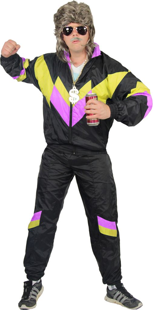 A man wearing an 80s-style tracksuit, holding a can.