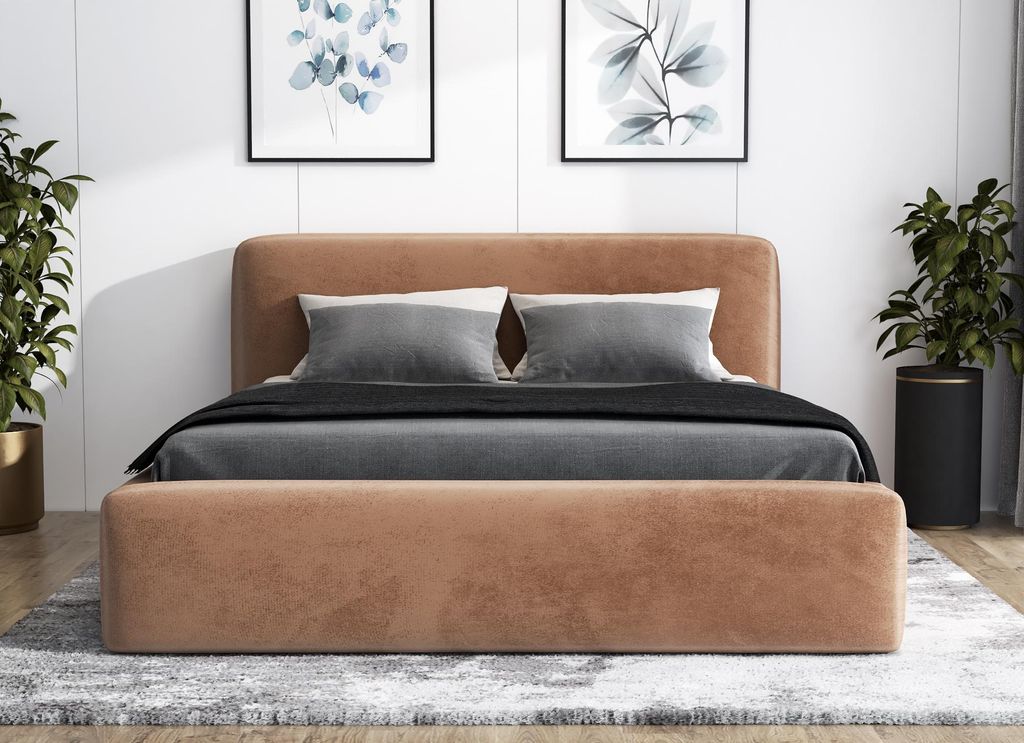 Polsterbett BLUM-OM 160x200 cm mit Bettkasten und Lattenrost. Farbe: Braun.
