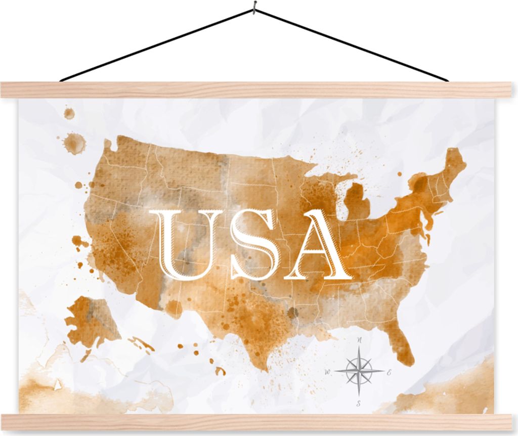 MuchoWow Textilposter Karte - Amerika - Gold 60x40 cm mit holzfarbenen Rahmen - Bilder