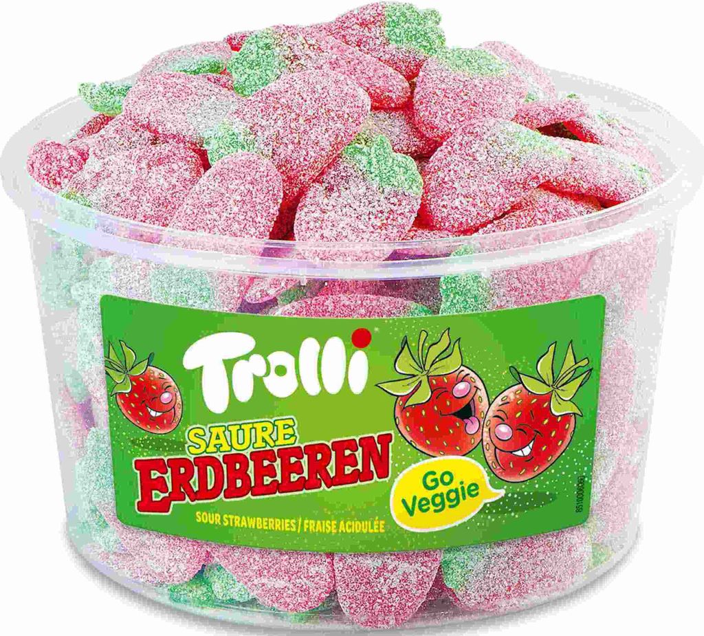 Trolli Sour Strawberries, Weiche Süßigkeiten, 1,2 kg, Erdbeere, Grün, Rot, 352 kcal, 85 g