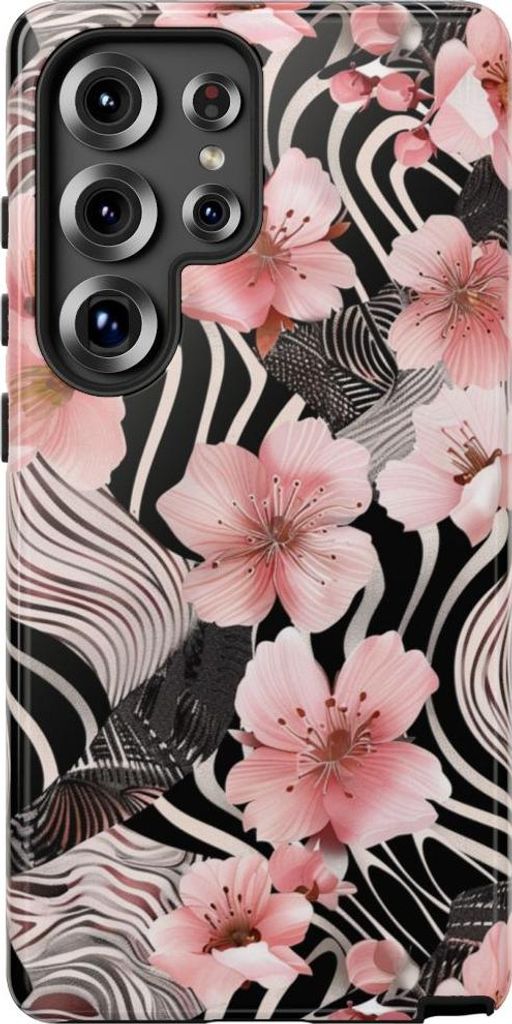 Zarte Kirschblüten auf schwarz-weißem Muster – Hülle Kompatibel mit Samsung Galaxy S25 Ultra