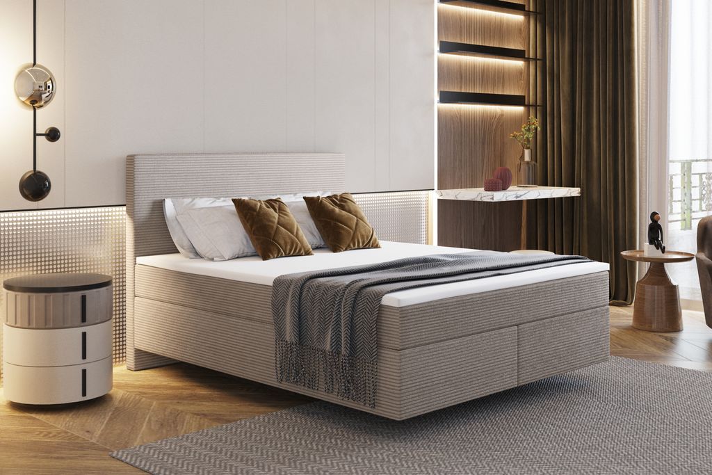 Kaiser Möbel Boxspringbett mit zwei matratze und topper SEVI II stoff Scala Beige 120 cm x 200 cm