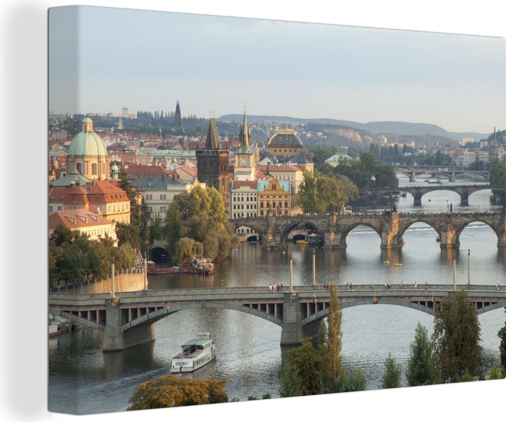 OneMillionCanvasses - Leinwandbilder - 140x90 cm, Boot - Brücke - Prag, Wandbilder Kunstdruck Wanddekoration - Foto auf Leinwand - Gemälde auf ...