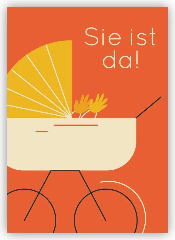 Trendige Retro Babykarte zur Geburt eines Mädchen mit Vintage Kinderwagen i orange: Sie ist da!
