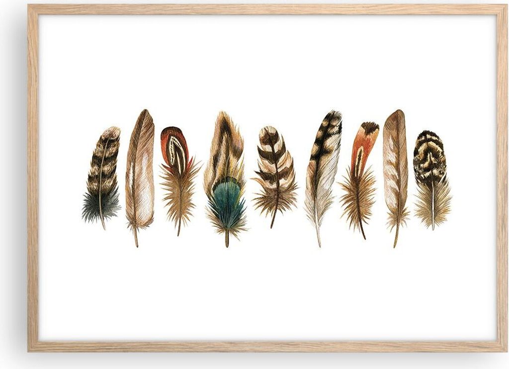 Gerahmtes Poster - Rahmen in heller Eiche - Weiß Hintergrund Federn - 70x50 cm - Wand Bild - Wanddeko - Wandbilder - Kunstposter - Wandposter - Bi...
